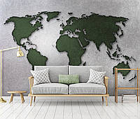 Флизелиновые фотообои в интерьере 254x184 см Зеленая карта мира на сером фоне в стиле лофт (10422V4)+клей
