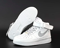 Кроссовки женские Nike Air Force белые, Найк Аир Форс кожаные, рефлективны, прошиты. код KD-12377