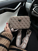 Женская сумка клатч Guess LOGO Beige (бежевая) S19 стильная маленькая сумочка на широком длинном ремне top