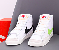 Кроссовки женские Nike Blazer белые с зеленым и черным лого, натуральная кожа, прошиты. код KD-14128