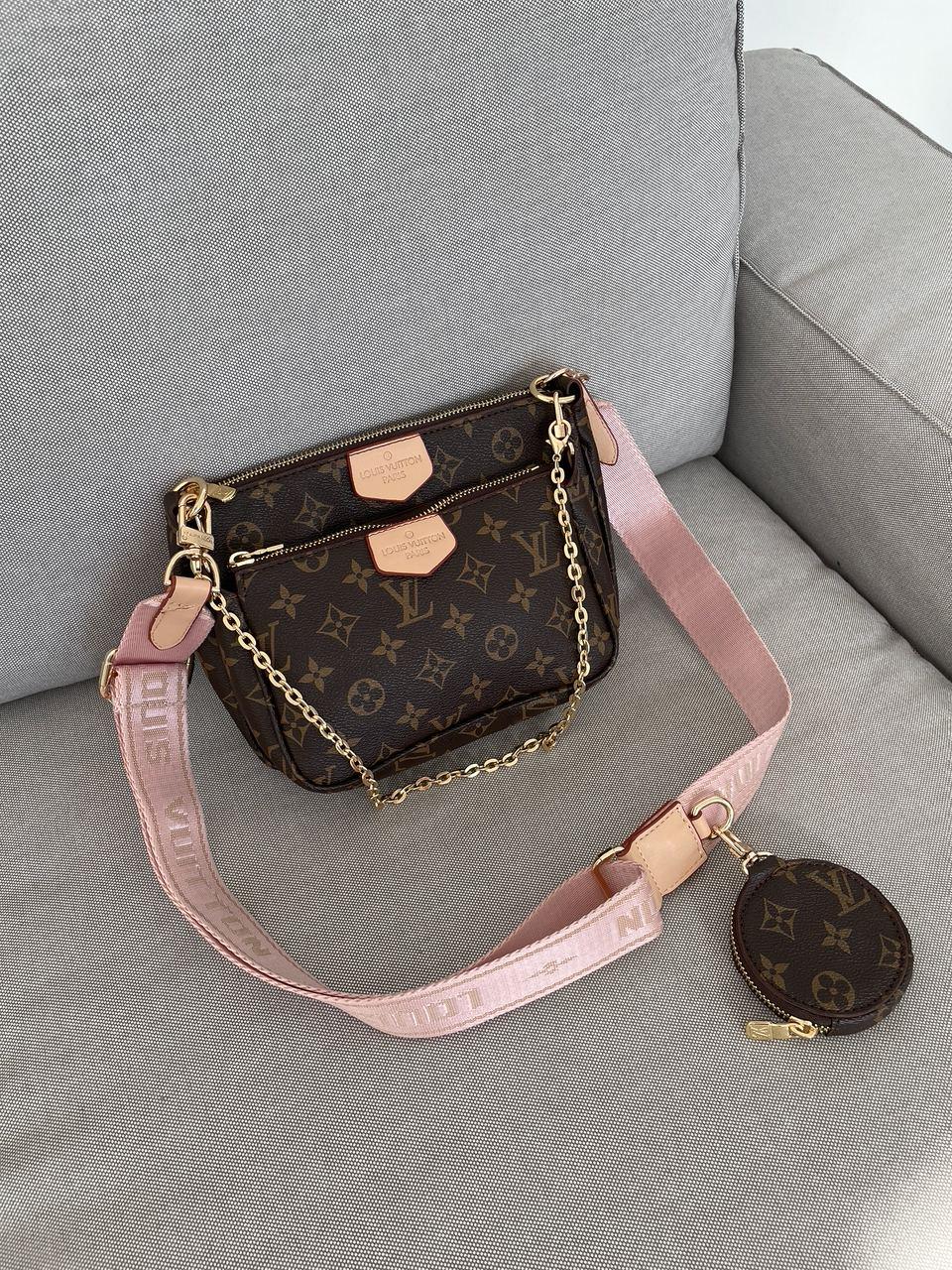 Жіноча сумка 3/1 Louis Vuitton Multi Pochette Brown/Pink (коричнева з рожевим ременем) зручна красива S21 vkross, фото 1