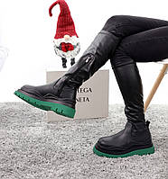 Ботинки женские зимние Bottega черные на зеленой подошве, Боттега кожаные с мехом. код KD-13049