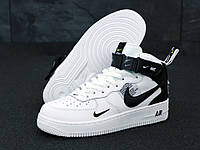 Кроссовки женские Nike Air Force 1 белые с черным, Найк Аир Форс натуральная кожа, прошиты. код KD-11762