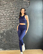 Комплект: лосини з ефектом пуш-ап та топ в рубчик S/M, Темно-синій з моделюючим швом ззаду