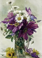 Алмазна вишивка. Картина на підрамнику Великий фіолетовий клематис і білі ромашки Худ. Paul de Longpre, розмір 20х30 см