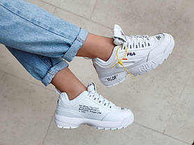 Фирменные кроссовки Fila Disruptor 2 Off-White БЕЛЫЕ на высокой подошве кожаные унисекс деми оригтнал, фото 3