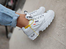 Фирменные кроссовки Fila Disruptor 2 Off-White БЕЛЫЕ на высокой подошве кожаные унисекс деми оригтнал, фото 6