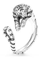 Срібляста жіноча та чоловіча каблучка тигр що стрибає на здобич символ сили життя регульована TigerPower416