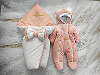 Зимний велюровый комбинезон + конверт одеяло с вышивкой для новорожденных, персиковый