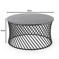 Черный мраморный круглый журнальный столик из стекла Minerwa 80х42 см на стальном каркасе для гостиной
