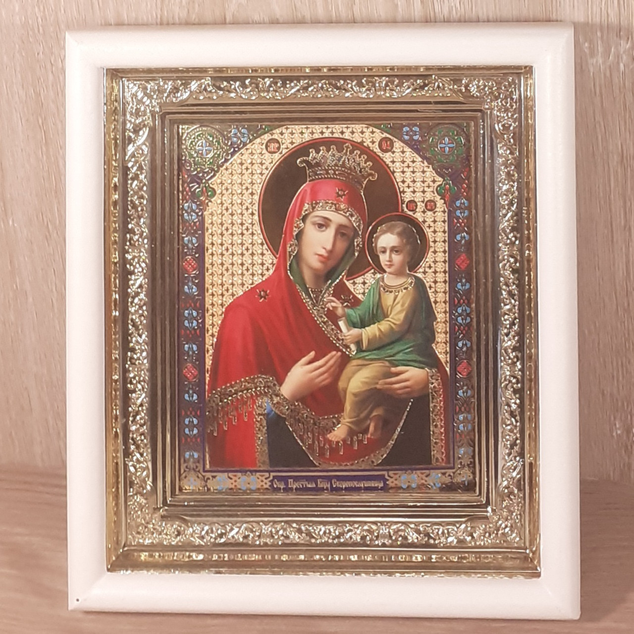 Ікона Скоропослушниця Пресвята Богородиця, лик 10х12 см, у білому прямому дерев'яному кіоті, фото 1