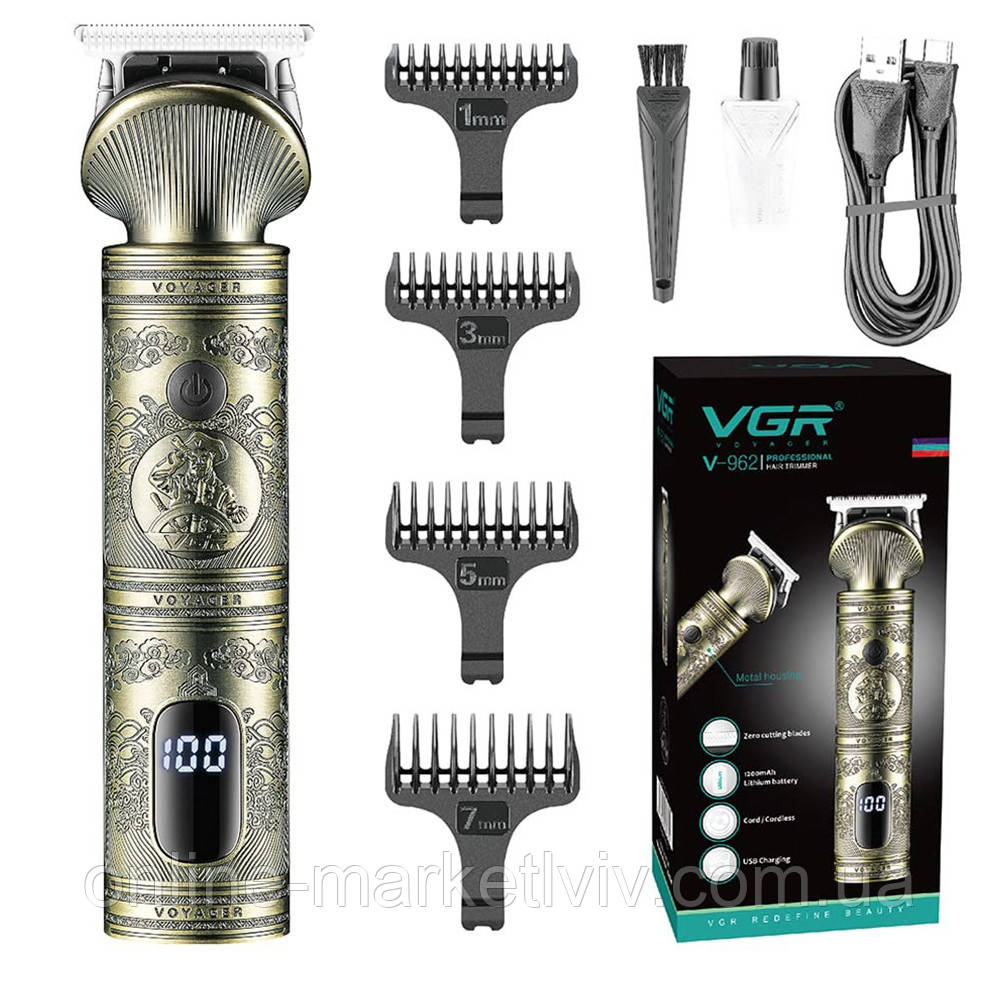 Машинка для стрижки волосся, з дисплеєм, USB, 4в1, VGR 962 / Тример для бороди та вусів з акумулятором, фото 1