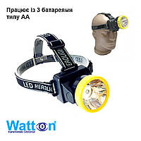 Налобный универсальный фонарь 20 часов постоянной работы WATTON WT-027 5W, 50 м на батарейках ААА 3шт. топ