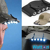 Фонарик светодиодный на козырек кепки с зажимом WATTON WT-127 на батарейках, фонарь с креплением на кепку топ
