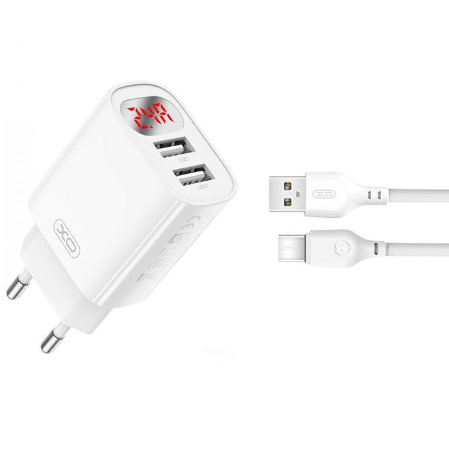 Мережевий зарядний пристрій + кабель Type-C XO L95 |2USB, 2.4A, Digital Display| Білий