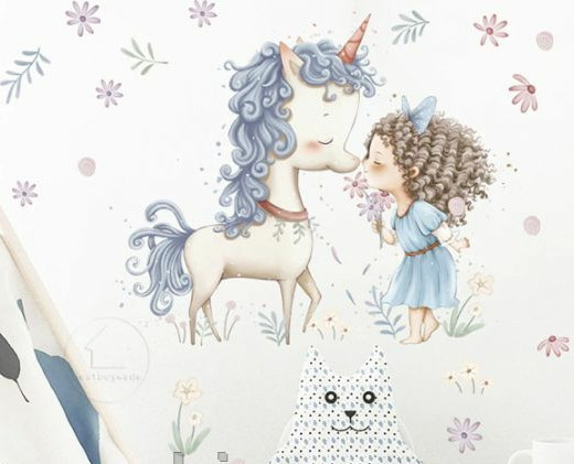 Вінілові наклейки на стіну, вітрини, шафи "Єдиноріг з дівчинкою" 43 см*35 см (лист 30*40 см)