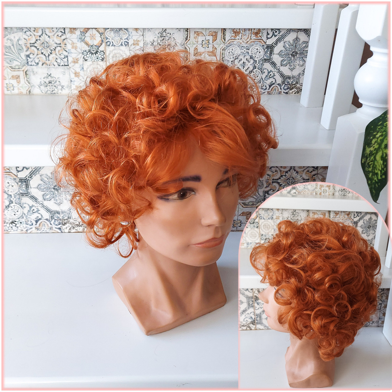 Перука пишна кучерява з натурального волосся яскраво-руда 661HH-350, фото 1