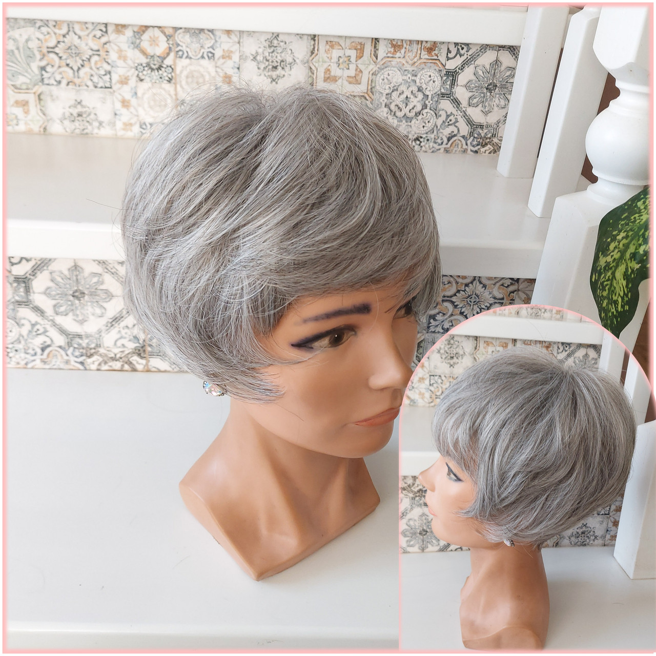 Перука піксі боб з термоволокна сивий мікс 2851-51, фото 1