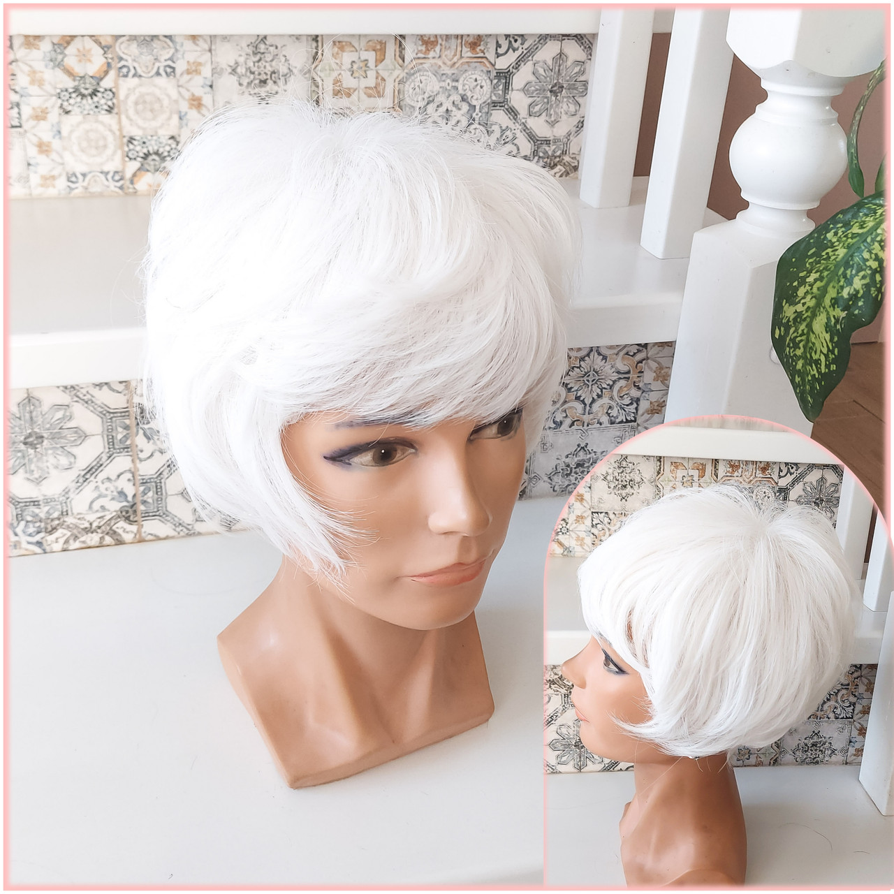 Перука пишна піксі боб з термоволосся білосніжно-сивий 2851-60, фото 1