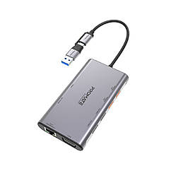 USB хаб 9-в-1 Promate PrimeHub-MST USB-C PD/2хHDMI/VGA/2xUSB3.2/2xUSB2.0/RJ45 Grey (primehub-mst.grey)