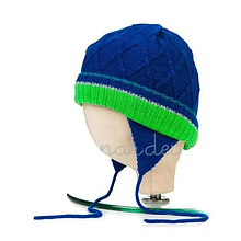 В'язана дитяча шапка для хлопчика з вушками на зав'язочках deux par deux Канада ZO814 Синій Зелений 6-7