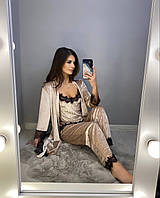 Домашній жіночий комплект 3 халат + штани + майка, велюровий, колір молочний