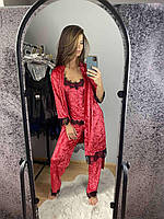 Домашній жіночий комплект 3 халат + штани + майка, велюровий, колір червоний