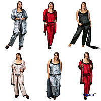 Домашній жіночий комплект БАТАЛ 3-ка халат + штани + майка, велюровий, кольору червоний, молочний, чорний