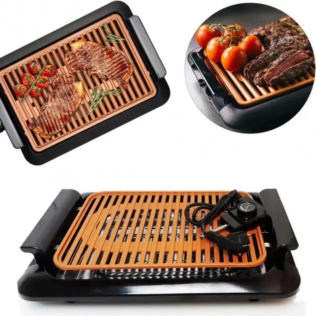 Електричне деко антипригарне GOTHAM Гриль бездимний з решіткою для дому 3000W чорний