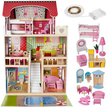 Дерев’яний кукольный будинок‑вілла Kruzzel D 11251 — 90 см, 5 кімнат, LED‑освітлення, меблі