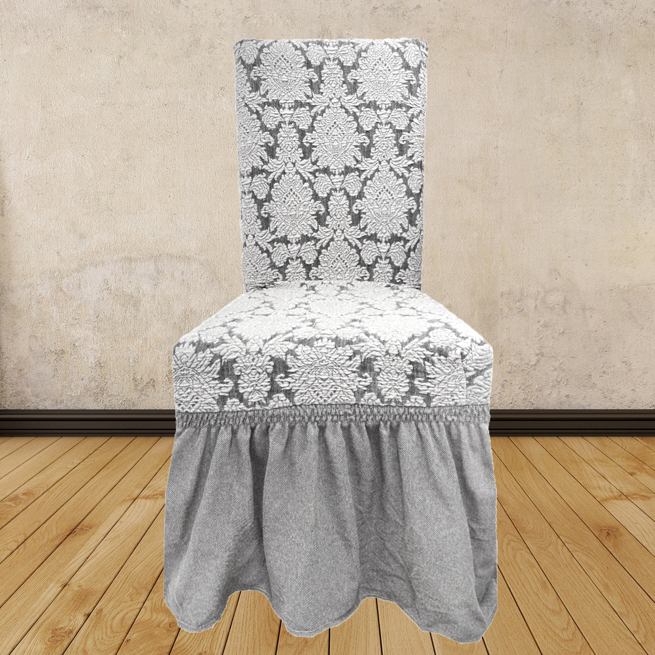 Натяжні чохли жакардові на 6 стільців з оборками «Damask»