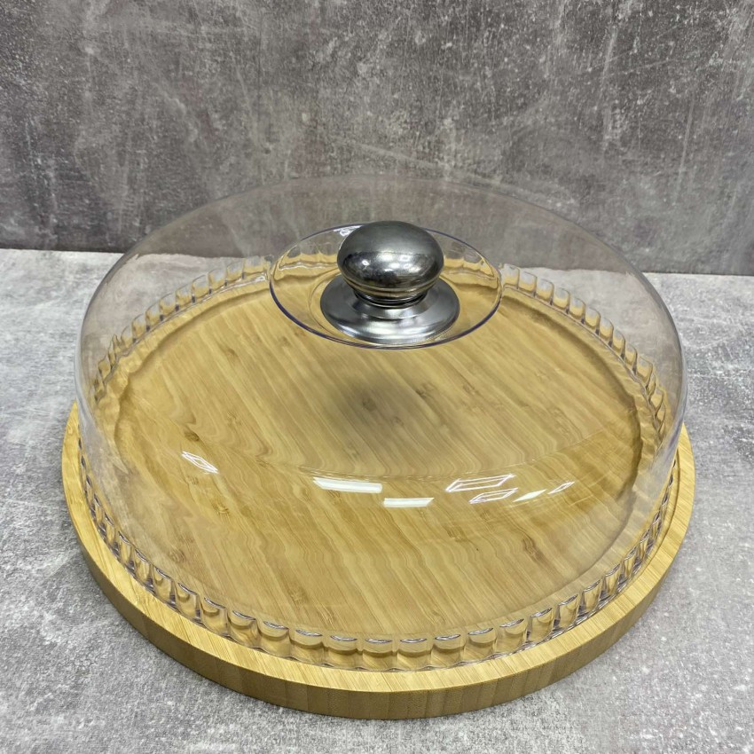 Блюдо для торта бамбукове з пластиковою кришкою Interos PJ02717, фото 1