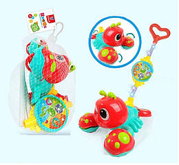 Каталка Рак D0350, з ручкою, музична, світло, на паличці, дзвенить, тріскачка, дитяча пластикова іграшка, для малюків