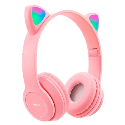Bluetooth навушники P47М з котячими вушками, бездротові, LED підсвічування, Pink