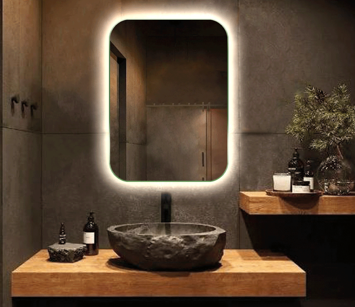 Дзеркало прямокутне закруглені кути зовнішнє світло 3D (60*80*2,5см), фото 1