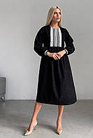 Женское вельветовое платье ниже колен черное с кружевом 3341-04