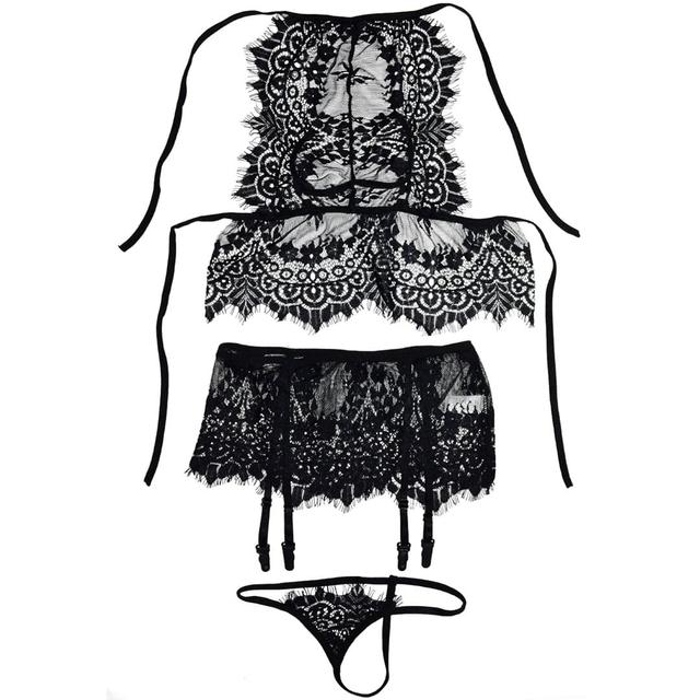 Еротичний комплект - бюстгальтер-топ, труси та пояс для панчох (без панчох) чорного кольору One Size XS, S, M Еротичний комплект - бюстгальтер-топ, труси та пояс для панчох (без панчох) чорного кольору One Size XS, S, M