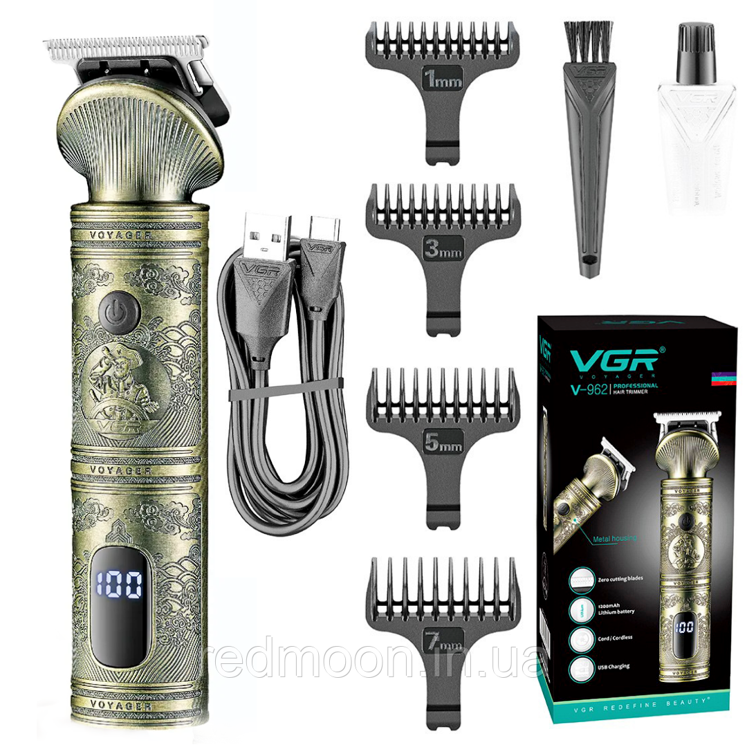 Машинка для стрижки волосся 4в1 VGR V-962, з USB-зарядкою та дисплеєм/ Акумуляторний триммер для вусів та бороди