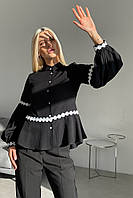 Женская нарядная блуза чорная с белым кружевом 3369-02