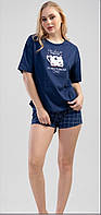 Комплект женский трикотажный футболка и шорты синий и розовый