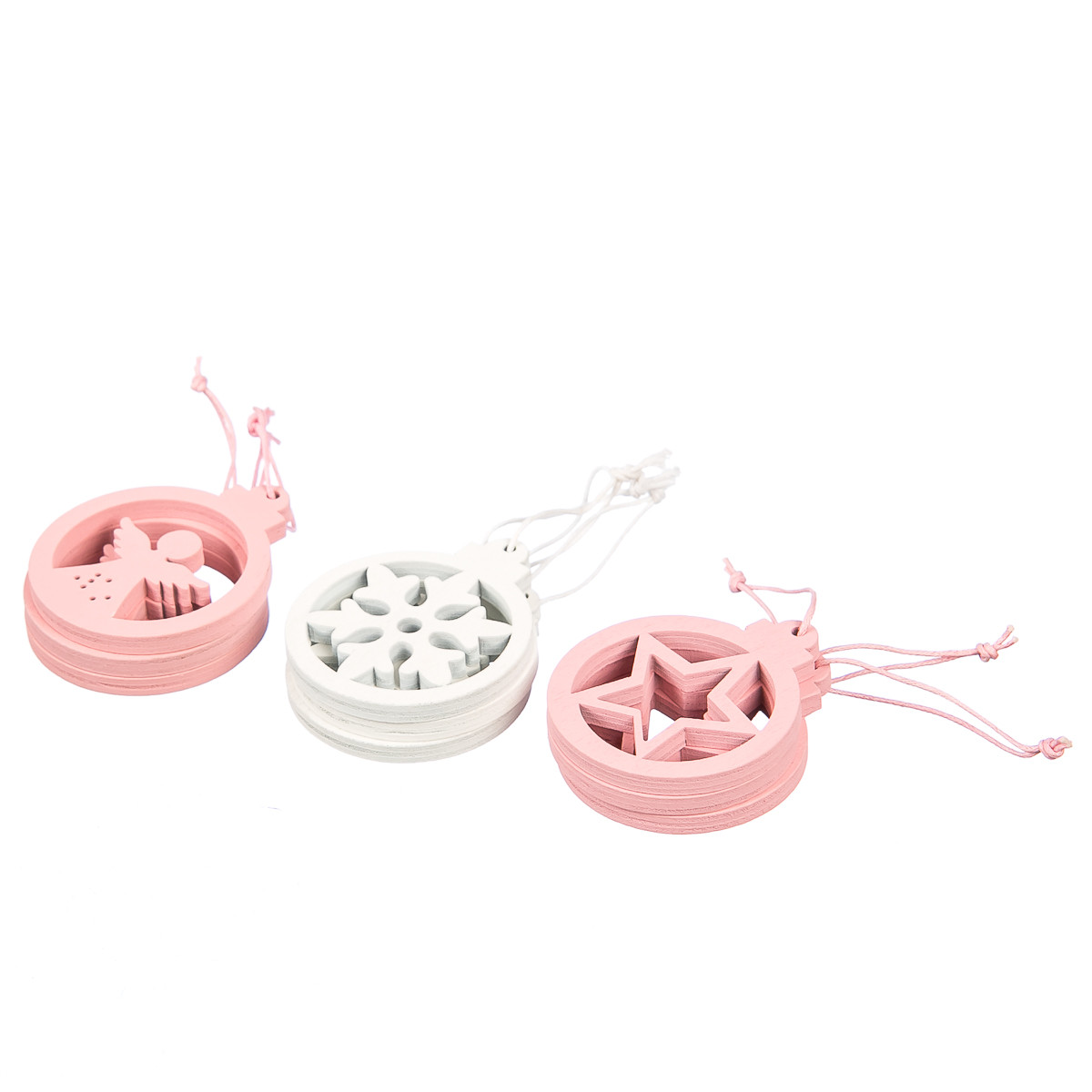 Комлект ялинкових іграшок "Коліщатка" зірочка, янгол, сніжинка 6 см Рожевий та білий Elisey (042NY)
