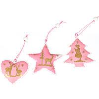 Комплект елочных игрушек "Веселость" сердце, звезда, елка 8 см Металл Розовый Elisey (045NY)