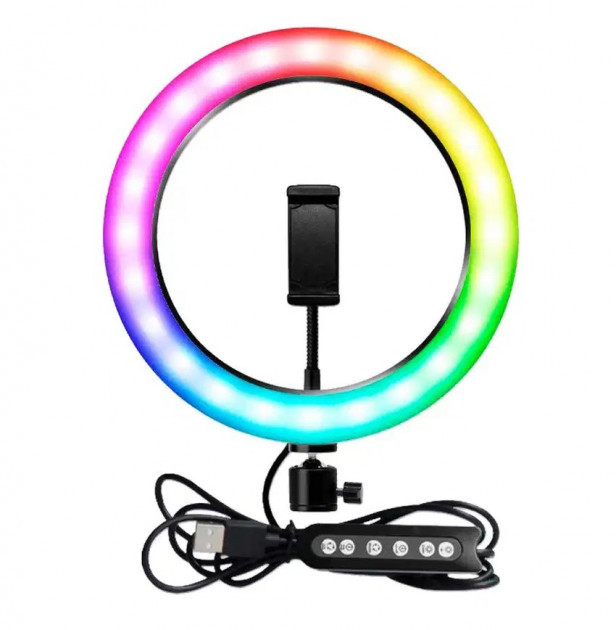 Селфи-кільце 26 см RGB з мульти-регулюванням світла, управлінням від USB і кріпленням під штатив та телефон