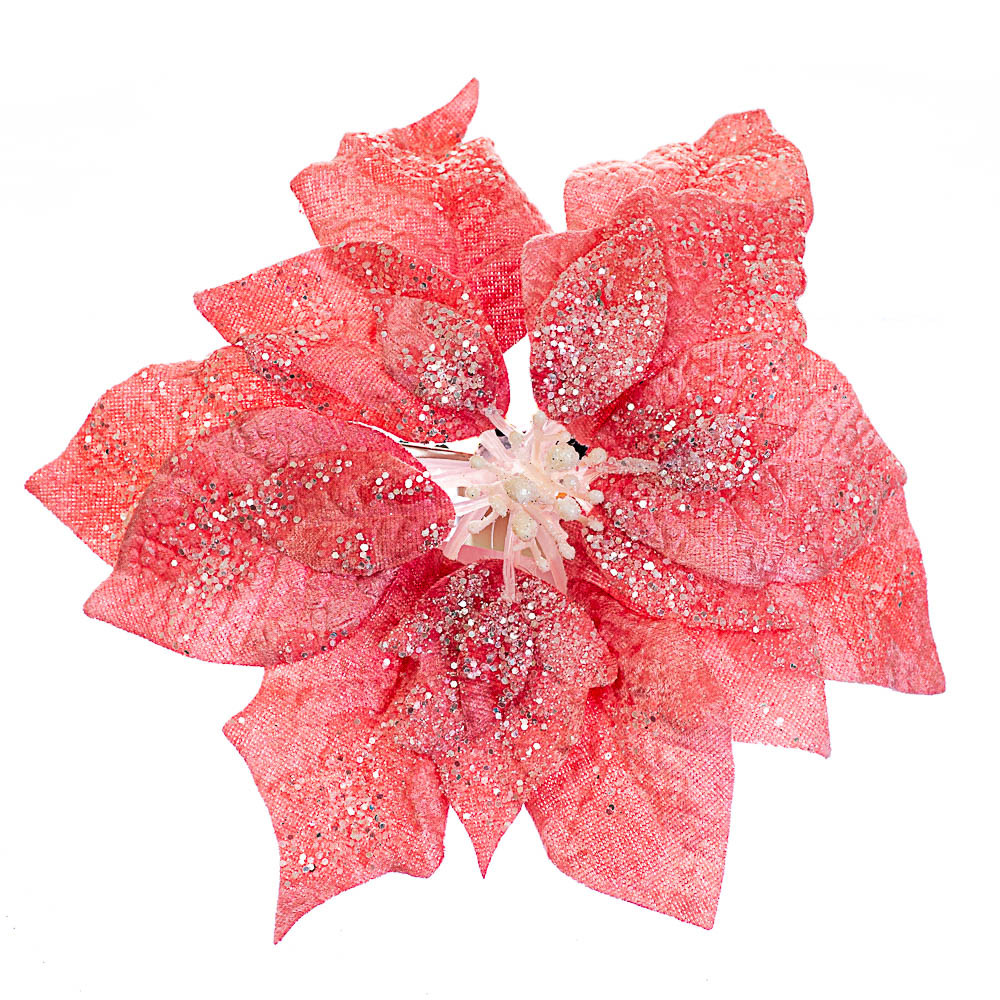 Декоративна квітка новорічна з блискітками на прищепці  Червона 20 см Elisey (6008-011)