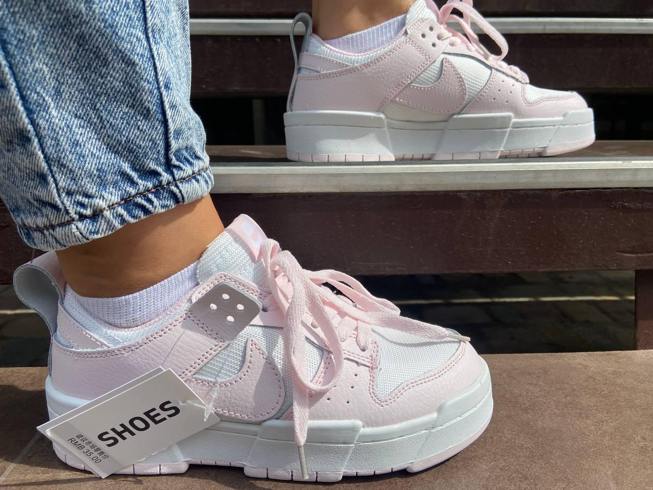 Жіночі кросівки NIKE DUNK, натуральна шкіра, білі з рожевими вставками