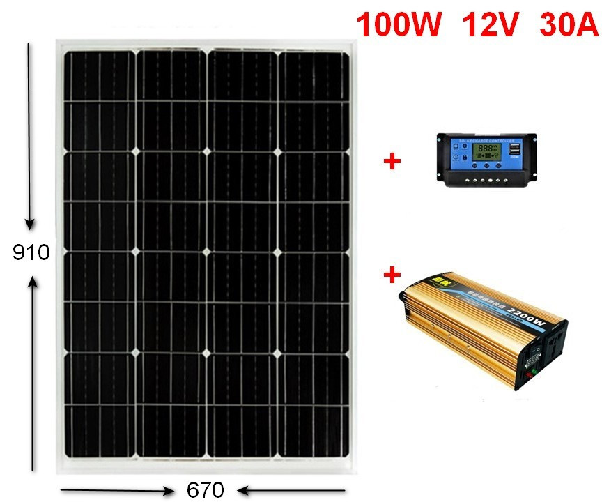 Комплект сонячна панель SunPower 100W 12V контроллер 30А інвертор 2200W