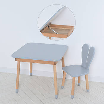 Дитячий дерев'яний столик та стільчик "Зайчик" 04-025GREY-TABLE Сірий (з ящиком під стільницею)