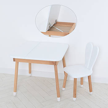 Дитячий дерев'яний столик та стільчик "Зайчик" 04-025W-DESK Білий (з ящиком під стільницею)