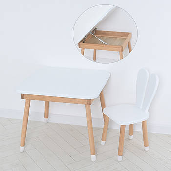 Дитячий дерев'яний столик та стільчик "Зайчик" 04-025W-DESK Білий (з ящиком під стільницею)
