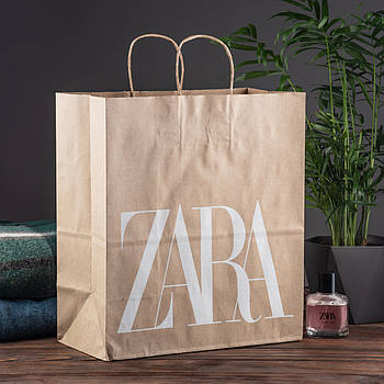 Крафт пакет коричневий 300*150*350 мм з логотипом ЗАРА (ZARA), папір 100 г/м2